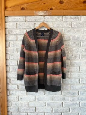 GAP Ribbed Open Cardigan in Gray with Coral & Olive-Tone Stripes